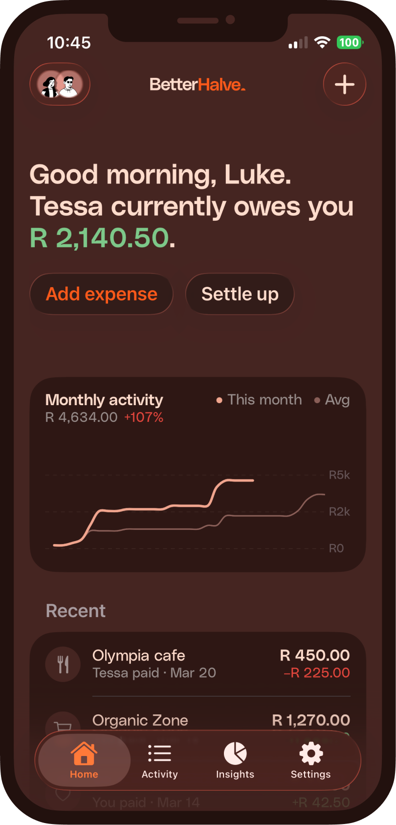 BetterHalve app — home screen showing real-time balance